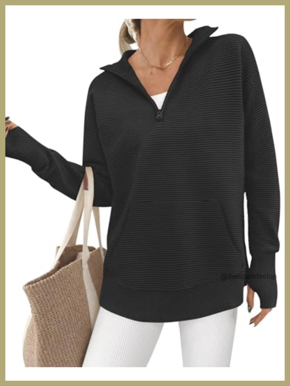 Quarter Zip V Neck Pullover Sweater with Thumb Hole Kangaroo Pocket